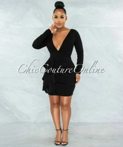 Chic Couture Online Ellie Black Ruffle Hip Deep-V Neckline Open Back Dress JUST IN
