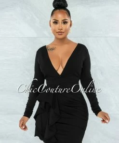 Chic Couture Online Ellie Black Ruffle Hip Deep-V Neckline Open Back Dress JUST IN