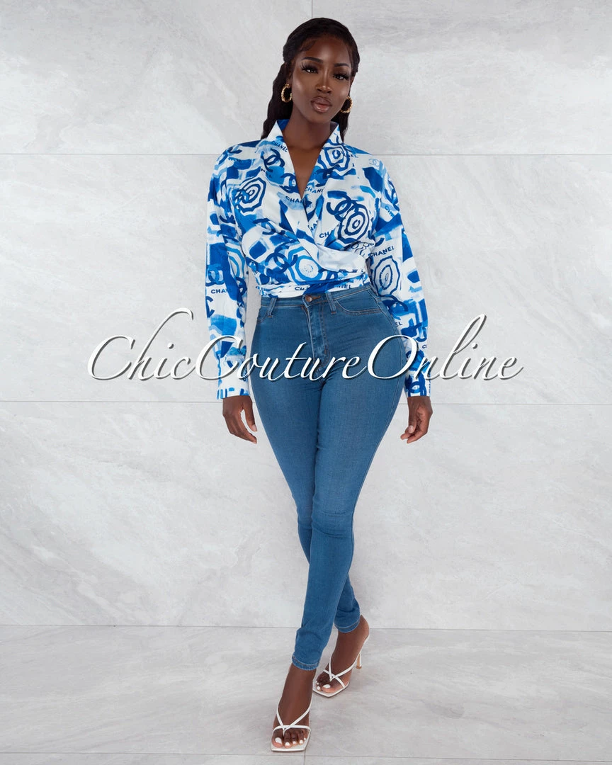 Vendor-unknown Hande White Blue Print Front Tie Blouse