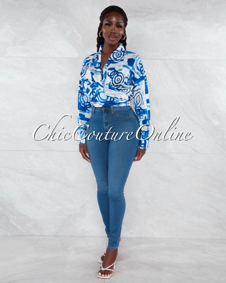 Vendor-unknown Hande White Blue Print Front Tie Blouse