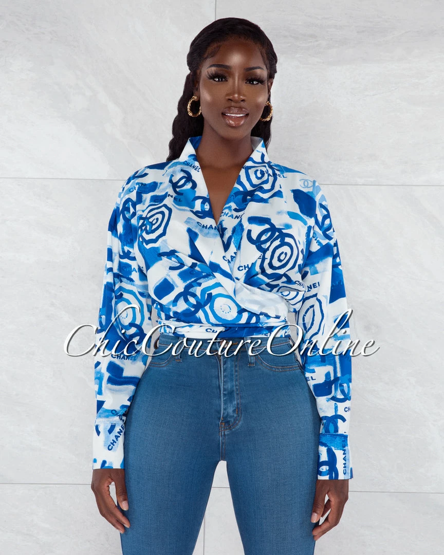 Vendor-unknown Hande White Blue Print Front Tie Blouse