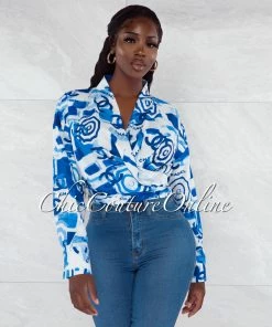 Vendor-unknown Hande White Blue Print Front Tie Blouse