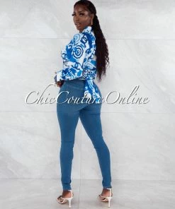 Vendor-unknown Hande White Blue Print Front Tie Blouse