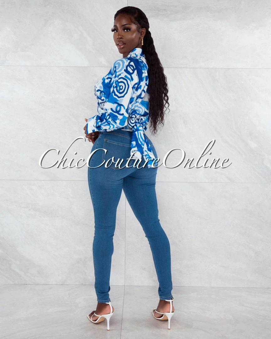 Vendor-unknown Hande White Blue Print Front Tie Blouse