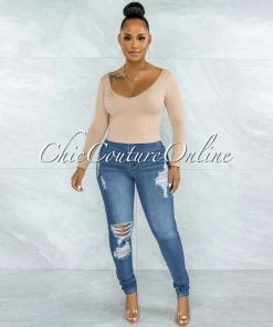 Vendor-unknown JUST IN Perlette Nude V-Neck Ribbed Crop Top