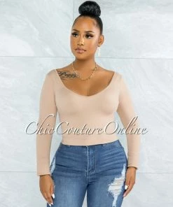 Vendor-unknown JUST IN Perlette Nude V-Neck Ribbed Crop Top