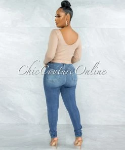 Vendor-unknown JUST IN Perlette Nude V-Neck Ribbed Crop Top