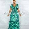 Vendor-unknown Garcia Green Leaf Print Smocked Waist Ruffle Hem Maxi Dress