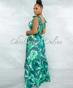 Vendor-unknown Garcia Green Leaf Print Smocked Waist Ruffle Hem Maxi Dress