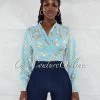 Vendor-unknown JUST IN Rumer Baby Blue Gold Print Front Tie Blouse