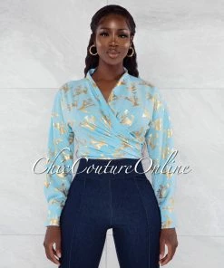Vendor-unknown JUST IN Rumer Baby Blue Gold Print Front Tie Blouse