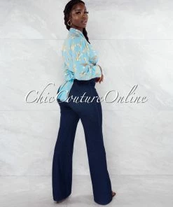 Vendor-unknown JUST IN Rumer Baby Blue Gold Print Front Tie Blouse