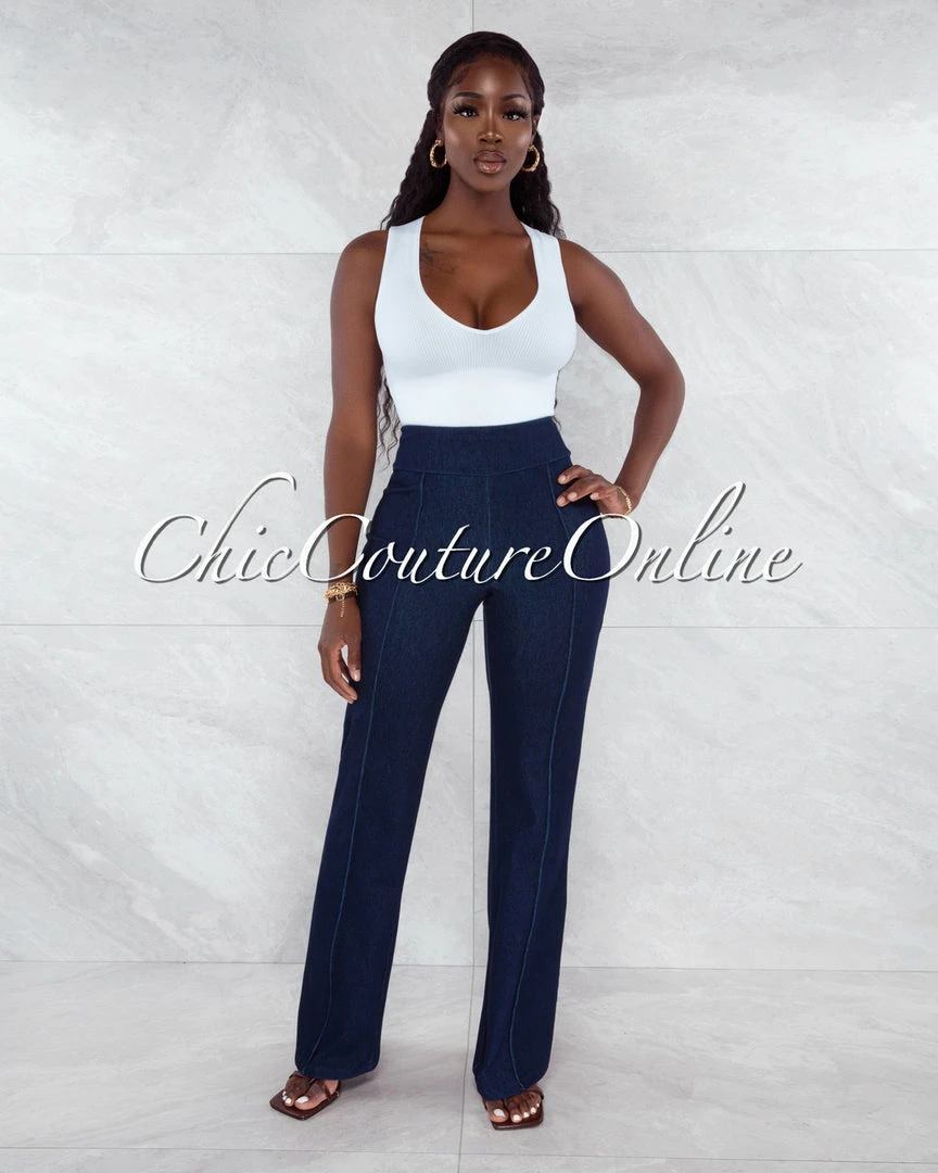 Vendor-unknown Marcie Navy Blue Denim High Waist Palazzo Pants JUST IN