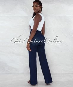 Vendor-unknown Marcie Navy Blue Denim High Waist Palazzo Pants JUST IN