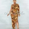 Vendor-unknown Polina Orange Yellow Print Ruched Side Slit Maxi Dress