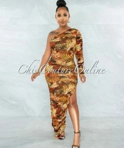 Vendor-unknown Polina Orange Yellow Print Ruched Side Slit Maxi Dress