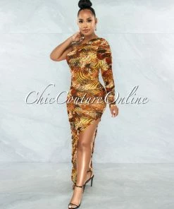 Vendor-unknown Polina Orange Yellow Print Ruched Side Slit Maxi Dress