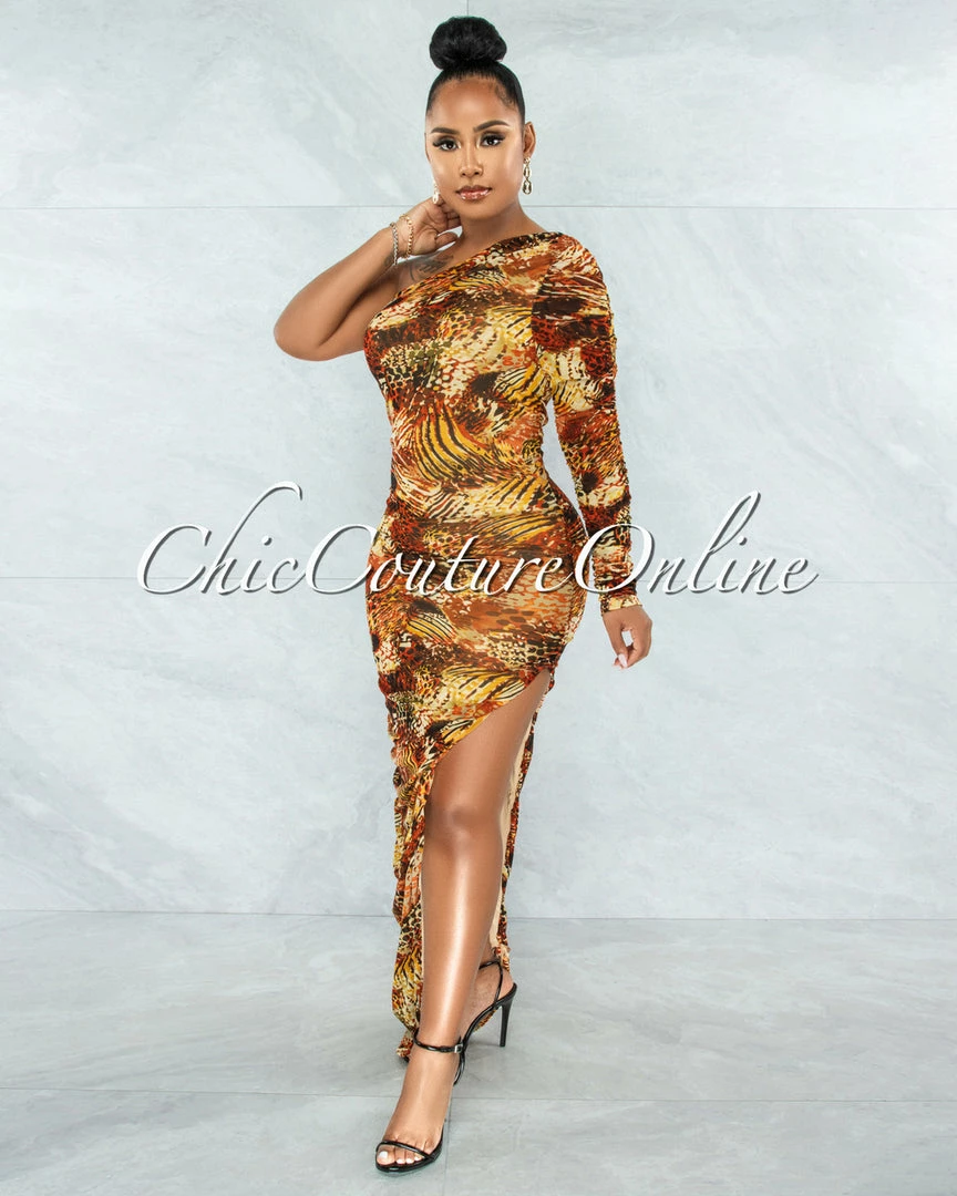 Vendor-unknown Polina Orange Yellow Print Ruched Side Slit Maxi Dress