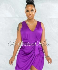 Vendor-unknown JUST IN Pacifica Purple Draped Wrap Hem Mini Satin Dress