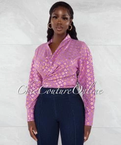 Vendor-unknown Sosie Purple Gold Print Front Tie Blouse JUST IN