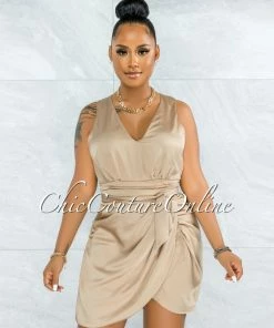 Vendor-unknown Pacifica Gold Draped Wrap Hem Mini Satin Dress JUST IN