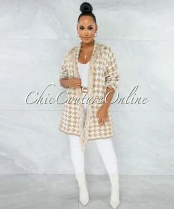 Vendor-unknown Gift Nude White Houndstooth Print Fringe Cardigan