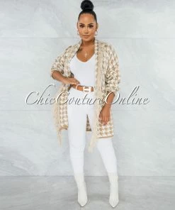 Vendor-unknown Gift Nude White Houndstooth Print Fringe Cardigan