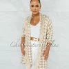 Vendor-unknown Gift Nude White Houndstooth Print Fringe Cardigan