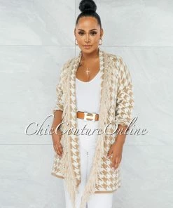 Vendor-unknown Gift Nude White Houndstooth Print Fringe Cardigan