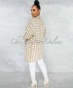 Vendor-unknown Gift Nude White Houndstooth Print Fringe Cardigan