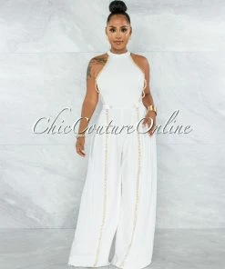 Vendor-unknown Garan Off-White Gold Link Accent Pleated Legs Jumpsuit
