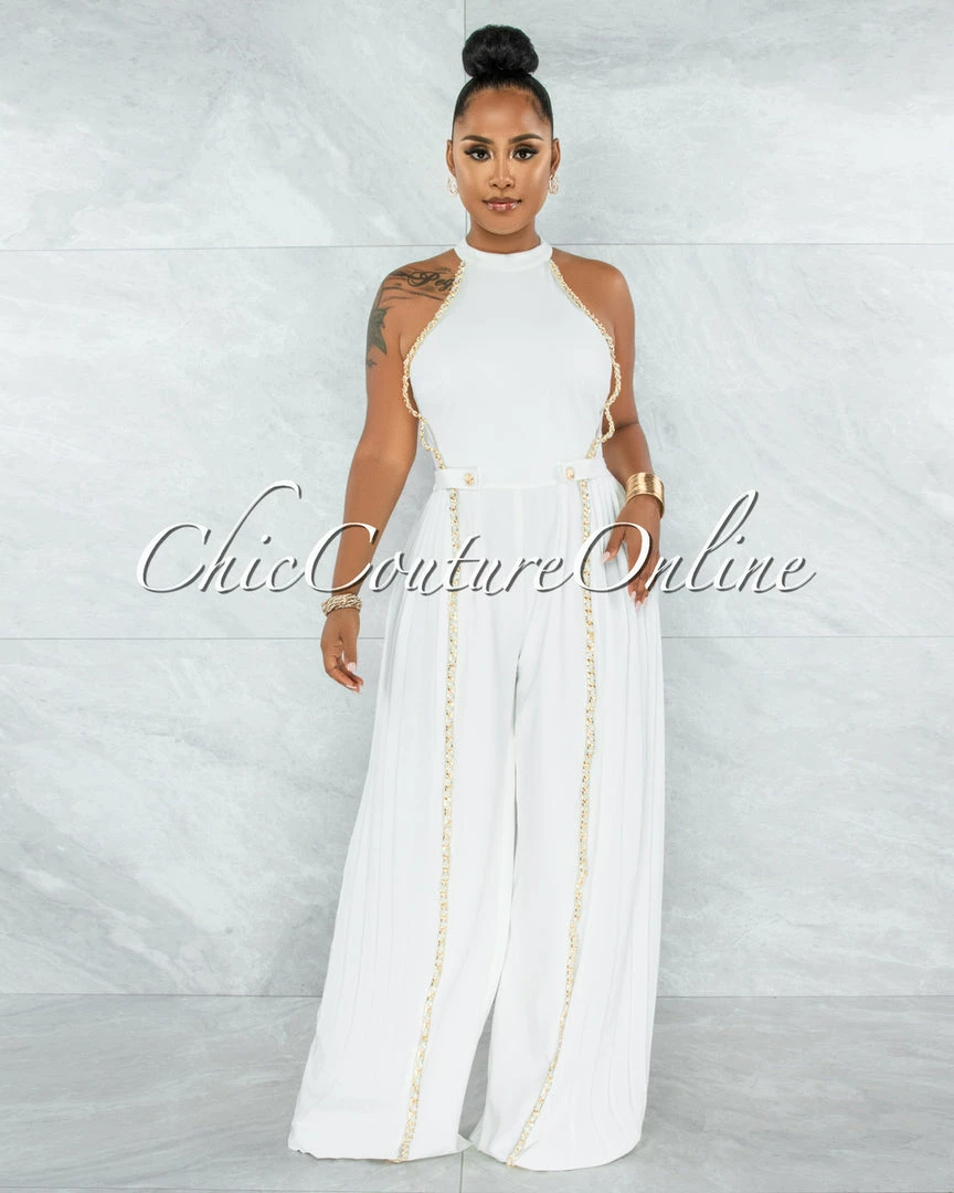 Vendor-unknown Garan Off-White Gold Link Accent Pleated Legs Jumpsuit