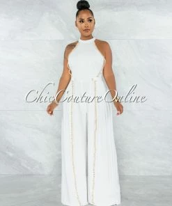 Vendor-unknown Garan Off-White Gold Link Accent Pleated Legs Jumpsuit