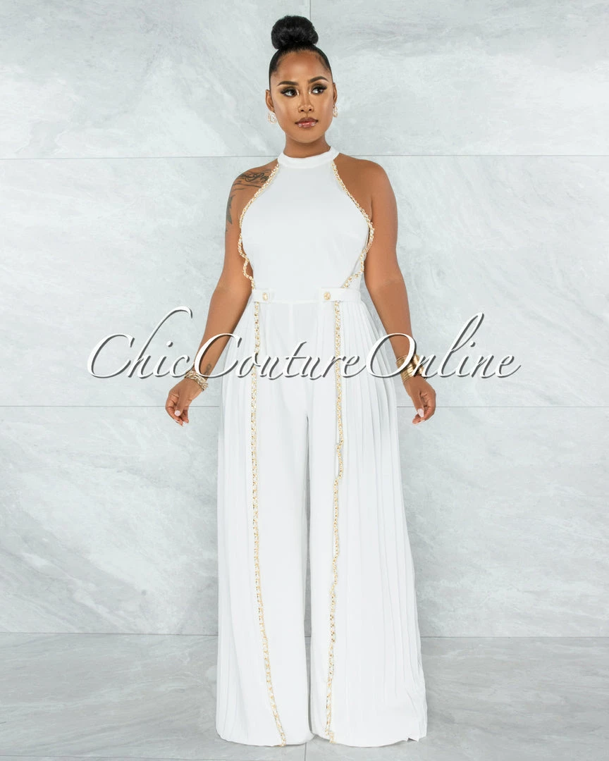 Vendor-unknown Garan Off-White Gold Link Accent Pleated Legs Jumpsuit
