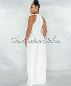 Vendor-unknown Garan Off-White Gold Link Accent Pleated Legs Jumpsuit