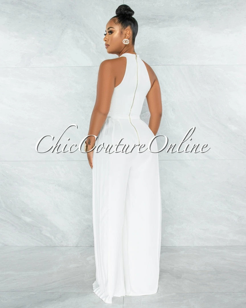 Vendor-unknown Garan Off-White Gold Link Accent Pleated Legs Jumpsuit