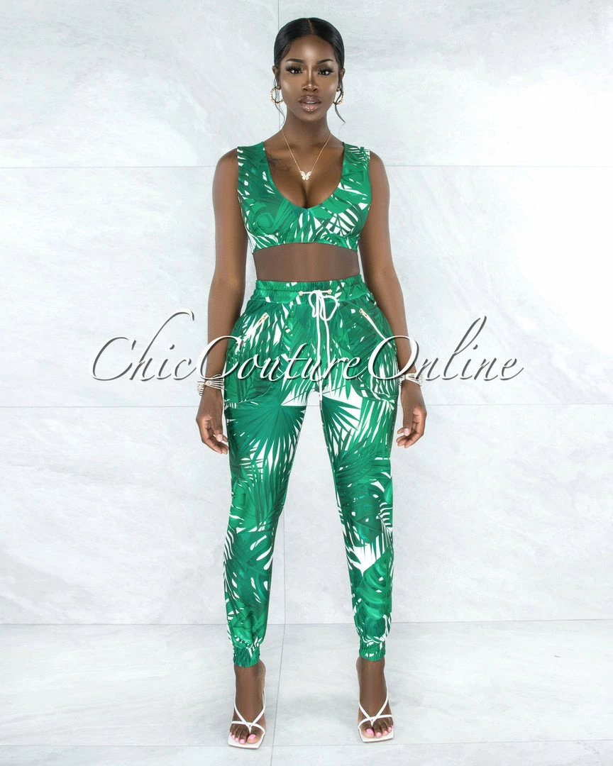 Vendor-unknown Raiden White Green Leaf Print Jogger Cargo Set JUST IN