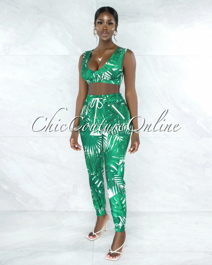 Vendor-unknown Raiden White Green Leaf Print Jogger Cargo Set JUST IN