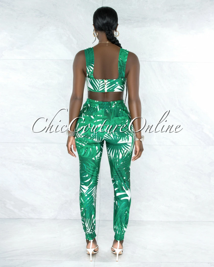 Vendor-unknown Raiden White Green Leaf Print Jogger Cargo Set JUST IN