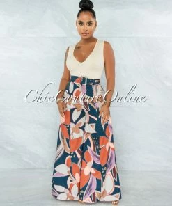 Vendor-unknown Nasira Nude Multi-Color Floral Print Belt Wide Pants