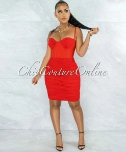 Vendor-unknown JUST IN Bassett Red Mesh Ruched Bandage Corset Dress
