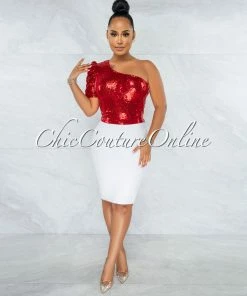 Vendor-unknown Adya Red Single Shoulder Sequins Crop Top JUST IN