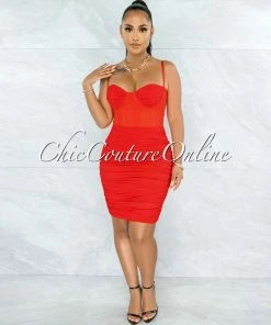 Vendor-unknown JUST IN Bassett Red Mesh Ruched Bandage Corset Dress