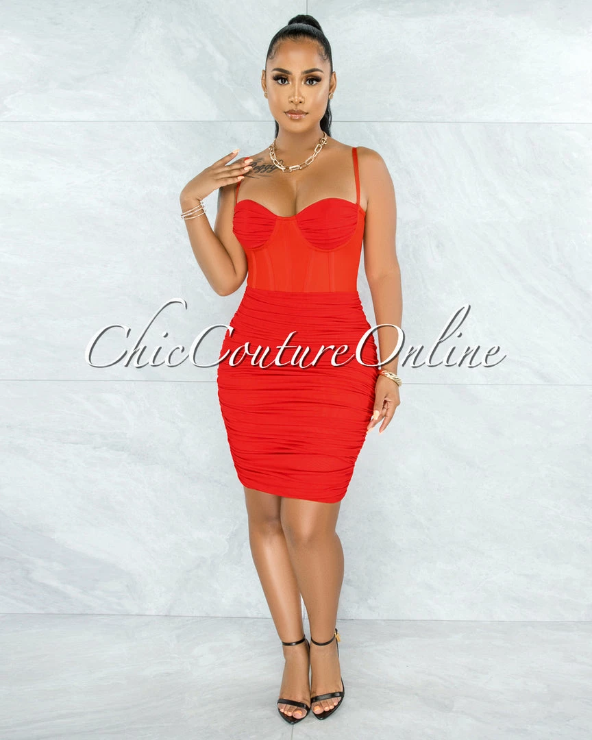 Vendor-unknown JUST IN Bassett Red Mesh Ruched Bandage Corset Dress