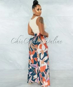 Vendor-unknown Nasira Nude Multi-Color Floral Print Belt Wide Pants