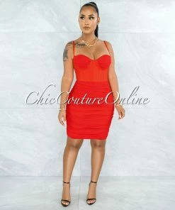Vendor-unknown JUST IN Bassett Red Mesh Ruched Bandage Corset Dress