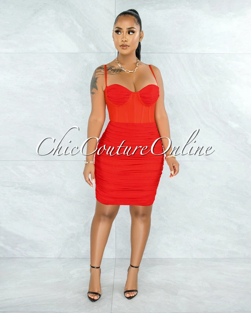 Vendor-unknown JUST IN Bassett Red Mesh Ruched Bandage Corset Dress