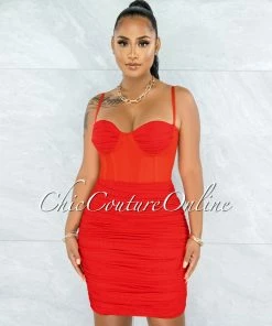 Vendor-unknown JUST IN Bassett Red Mesh Ruched Bandage Corset Dress