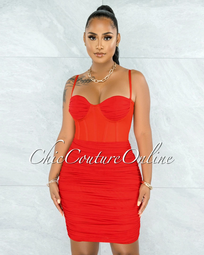 Vendor-unknown JUST IN Bassett Red Mesh Ruched Bandage Corset Dress