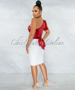 Vendor-unknown Adya Red Single Shoulder Sequins Crop Top JUST IN